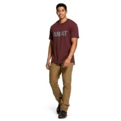 Ariat Rebar Shirts: Men's 10030289 Burgundy Heather Rebar Cotton Strong Block T-Shirt -Wrangler Shop 10030289 full