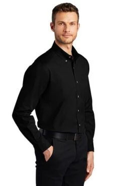 Port Authority Shirts: Men's S600T BK Black Button Down Long Sleeve Twill Shirt -Wrangler Shop 105 black 4 tls600tblackmodel3q2 337w