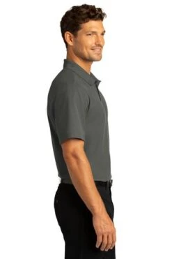 Port Authority Shirts: Men's K810 SGY Storm Grey SuperPro React Polo Shirt -Wrangler Shop 10871 stormgrey 3 k810stormgreymodelside 337w