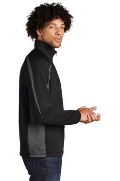 Sport-TeK Sweatshirts: Men's ST851 BCG Black Charcoal Grey Stretch 1/2-Zip Colorblock Pullover -Wrangler Shop 5496 blkchrgy 3 st851blkchrgymodelside1 337w