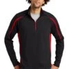 Sport-TeK Sweatshirts: Men's ST851 BTR Black True Red Stretch 1/2-Zip Colorblock Pullover -Wrangler Shop 5496 blktrrd 1 st851blktrrdmodelfront1 337w