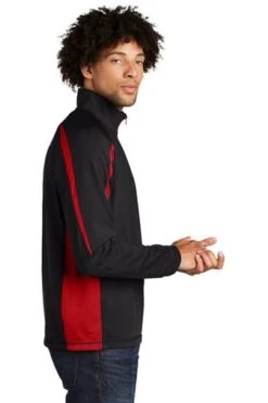 Sport-TeK Sweatshirts: Men's ST851 BTR Black True Red Stretch 1/2-Zip Colorblock Pullover -Wrangler Shop 5496 blktrrd 3 st851blktrrdmodelside1 337w