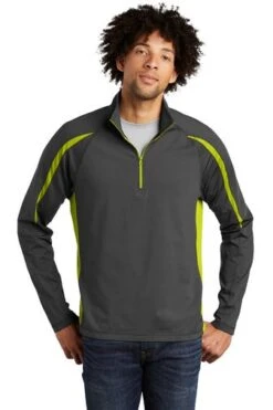 Sport-TeK Sweatshirts: Men's ST851 CGCG Charcoal Grey Charge Green Stretch 1/2-Zip Colorblock Pullover