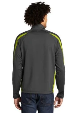 Sport-TeK Sweatshirts: Men's ST851 CGCG Charcoal Grey Charge Green Stretch 1/2-Zip Colorblock Pullover -Wrangler Shop 5496 chgycggn 2 st851chgycggnmodelback1 337w