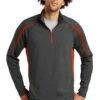 Sport-TeK Sweatshirts: Men's ST851 CGDO Charcoal Grey Deep Orange Stretch 1/2-Zip Colorblock Pullover -Wrangler Shop 5496 chgydpor 1 st851chgydpormodelfront1 337w