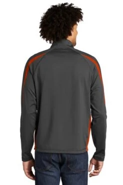 Sport-TeK Sweatshirts: Men's ST851 CGDO Charcoal Grey Deep Orange Stretch 1/2-Zip Colorblock Pullover -Wrangler Shop 5496 chgydpor 2 st851chgydpormodelback1 337w