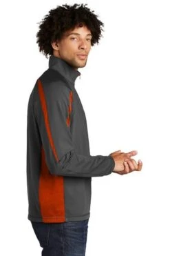 Sport-TeK Sweatshirts: Men's ST851 CGDO Charcoal Grey Deep Orange Stretch 1/2-Zip Colorblock Pullover -Wrangler Shop 5496 chgydpor 3 st851chgydpormodelside1 337w