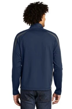 Sport-TeK Sweatshirts: Men's ST851 TNCG True Navy Charcoal Grey Stretch 1/2-Zip Colorblock Pullover -Wrangler Shop 5496 tnvchargy 2 st851tnvchargymodelback1 337w