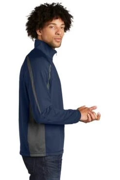 Sport-TeK Sweatshirts: Men's ST851 TNCG True Navy Charcoal Grey Stretch 1/2-Zip Colorblock Pullover -Wrangler Shop 5496 tnvchargy 3 st851tnvchargymodelside1 337w