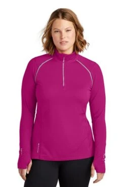 Ogio Shirts: Women's LOE335 PNK Flush Pink Nexus 1/4-Zip Pullover -Wrangler Shop 6672 flushpink 0 loe335flushpinkmodelcurve3 337w