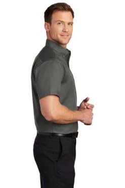Port Authority Shirts: Men's S664 STGY Sterling Grey Button Down Short Sleeve SuperPro Twill Shirt -Wrangler Shop 7608 sterlinggy 3 s664sterlinggymodelside3 337w