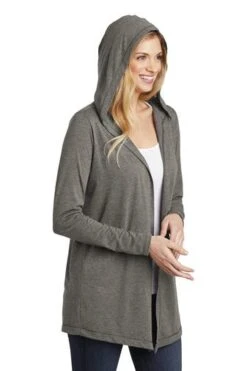 District Cardigans: Women's DT156 GYFST Grey Frost Perfect Tri Hooded Cardigan -Wrangler Shop 9206 greyfrost 4 dt156greyfrostmodelhood 337w