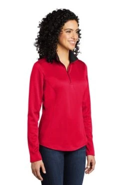 Port Authority Shirts: Women's LK584 RDBK Red Black Silk Touch Performance 1/4-Zip Shirt -Wrangler Shop 9772 redblack 4 lk584redblackmodel3q 337w