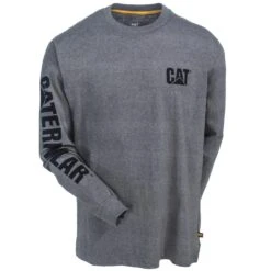 CAT Apparel Shirts: Men's 1510034 004 Heather Grey Trademark Banner Long-Sleeve Tee Shirt -Wrangler Shop cat 1510034 dhg f 01