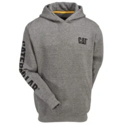 CAT Apparel Sweatshirts: Men's 1910709 004 Grey Hooded Trademark Banner Sweatshirt -Wrangler Shop cat 1910709 004 f 01