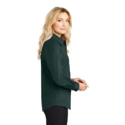 Port Authority Shirts: Women's Green Cotton/Poly Woven Shirt L608 DGR -Wrangler Shop l608 darkgreennavy model side