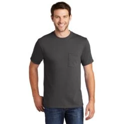 Port & Company Shirt: Men's PC54P CHR Charcoal Core Cotton Pocket Tee -Wrangler Shop pc54p charcoal model front