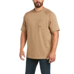 Ariat Rebar Shirt: Men's 10035008 Khaki Rebar Cotton Strong T-Shirt -Wrangler Shop s21 mns work 10035008 front
