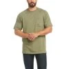 Ariat Rebar Shirts: Men's 10035009 Sage Heather Rebar Cotton Strong Short Sleeve T-Shirt 2 Ariat Rebar Shirts: Men's 10035009 Sage Heather Rebar Cotton Strong Short Sleeve T-Shirt -Wrangler Shop s21 mns work 10035009 front