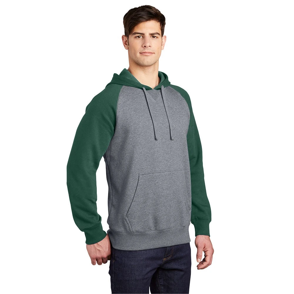 Sport-Tek Sweatshirt: Men's ST267-FGH Forest Green/Vintage Heather Raglan Colorblock Pullover Hooded Sweatshirt - Image 3