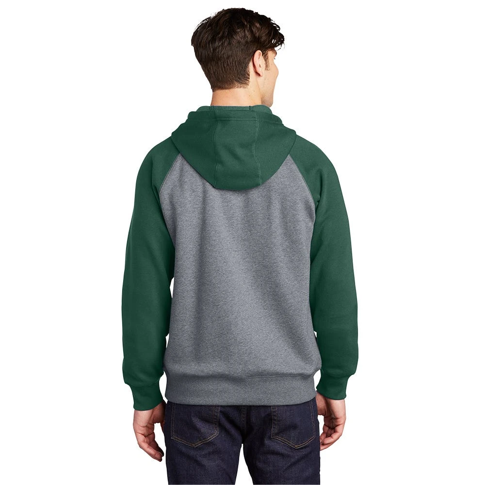 Sport-Tek Sweatshirt: Men's ST267-FGH Forest Green/Vintage Heather Raglan Colorblock Pullover Hooded Sweatshirt - Image 4