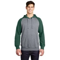 Sport-Tek Sweatshirt: Men's ST267-FGH Forest Green/Vintage Heather Raglan Colorblock Pullover Hooded Sweatshirt