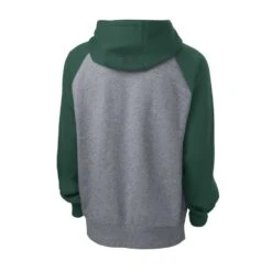 Sport-Tek Sweatshirt: Men's ST267-FGH Forest Green/Vintage Heather Raglan Colorblock Pullover Hooded Sweatshirt -Wrangler Shop st267 forestgreenvntghthr form back 1
