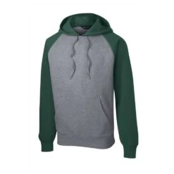 Sport-Tek Sweatshirt: Men's ST267-FGH Forest Green/Vintage Heather Raglan Colorblock Pullover Hooded Sweatshirt -Wrangler Shop st267 forestgreenvntghthr form front